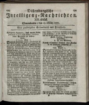 XIII. Stück. Sonnabends: den 29. März 1777.