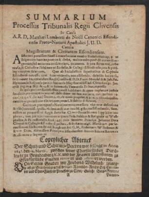 Summarium Processus Tribunalis Regii Clivensis In Causa A.R.D. Matthæi Lamberti de Noëll Canonici Essendiensis Proto-Notarii Apostolici I.U.D. Contra Magistratum & Civitatem Essendiensem