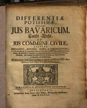 Differentiae Potissimae, Inter Jus Bavaricum, Landt-Recht, Et Jus Commune Civile