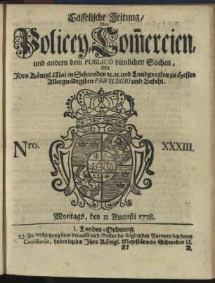 Nro. XXXIII, Montags, den 11. Augusti 1738