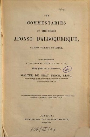 The commentaries of the great Afonso Dalboquerque, second viceroy of India. [1]