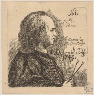 Mann mit einer Gabel (?) in der Hand ("Quae supra nos nihil ad nos"; aus einer Serie humoristischer Figurendarstellungen, Nr. 1)