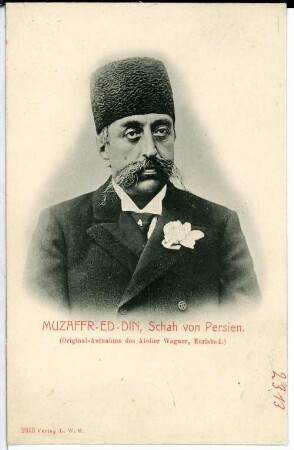 Porträt Mozaffar ad-Din, Schah von Persien : Karlsbad. Porträt Mozaffar ad-Din, Schah von Persien. Fotografie von Bernhard Wagner anläßlich seines Kuraufenthalts in Karlsbad 1900 oder 1902