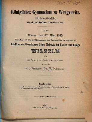 Jahresbericht des Königl. Gymnasiums zu Wongrowitz : Ostern ..., 1874/75 = Jahresb. 3
