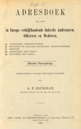 6.1896: Adresboek van alle in Europa verblijfhoudende Indische ambtenaren, officieren en weduwen