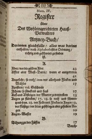 Num. IV. Register über Des Wohleingerichteten Hauß-Verwalters Artzney-Buch/[...]