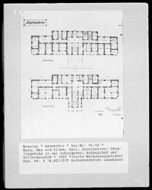 Bauplan für Säuglingsheim: Erdgeschoß und Kellergeschoß; Schulgasse