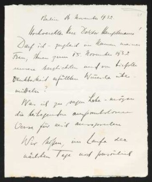 Brief von Carl F. W. Behl an Gerhart Hauptmann