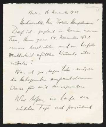 Brief von Carl F. W. Behl an Gerhart Hauptmann