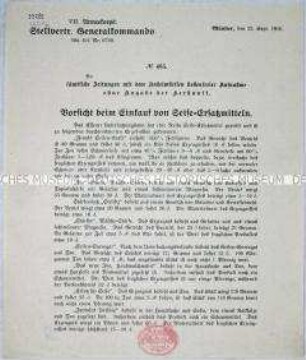 Rundschreiben des stellvertretenden Generalkommandos des VII. Armeekorps an die Presse mit der Warnung vor minderwertigen und überteuerten Seifen-Ersatzstoffen