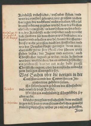 Was Sachen uber die vorigen in der Consistoria und der Commissarien Jurisdiction gehören sollen.