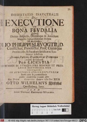 Dissertatio Inauguralis De Executione In Bona Feudalia