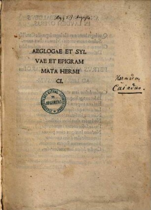 Aeglogae Et Sylvae Et Epigrammata Hermici
