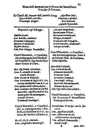 Nota delli deputati per le Nozze del Serenissimo Principe di Toscana.