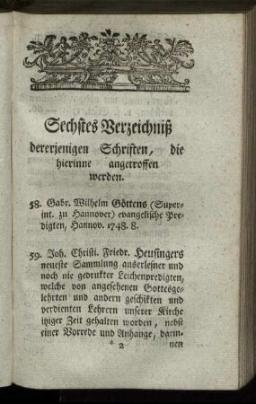 Sechstes Verzeichniß dererjenigen Schriften, die hierinne angetroffen werden.