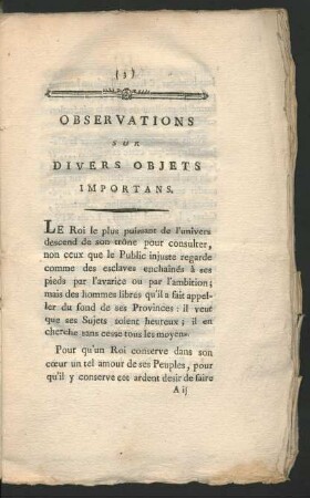 Observations Sur Divers Objets Importans.