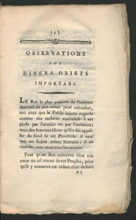 Observations Sur Divers Objets Importans.