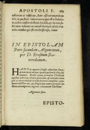 In Epistolam Petri secundam Argumentum, per D. Erasmum Roterodamum.