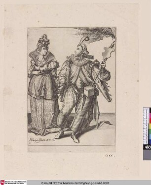 [Eine Frau und ein Darsteller mit Fackel; A Woman Led by a Player Holding a Torch]