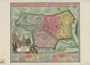Stadtplan von Augsburg, ca. 1:4 000, Kupferst., 1757 : Accurata recens delineata Ichnographia celeberrimae liberae Imperii Civitatis ac Suevia Metropolis Augustae Vindelicorum : Viris Perillustribus Domino Leopoldi Anton Imhoff. Ab Spihlberg et Oberschwambach Advocat. Aug. Praeses. Provinc. et Dno. Marco Chiristophor. Koch a Gailenb. Sac. Caes. Maiest. Consiliariis Actualibus ; Cum Gratia et Privil. S. R. I. Vicariatus, in partibus Rheni, Sueviae, et Juris Franconici = Neu verfertigt accurater Grund Riß der Hochberühmten deß Heil. Röm. Freyer u. des Schwäbischen Creises Haupt Statt Augspurg / cura et sumtibus Matth. Seutteri S. C. M. G. Augustani. Ioh. Thomas Kraus Architectus et Perspectivicus delineavit. Tobias Conrad Lotter. - [Ca. 1:4 000]. - Augustani , [nach 1757]. - 1 Kt. : kolor. Kupferst. ; 57 x 40 cm