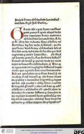 Incipit forma absolutionis sacramentalis eiusdem magistri Johannis Gerson.