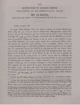 Rectification de quelques erreurs relatives au mathématicien arabe Ibn Al-Banna. Extrait d'une lettre [...]