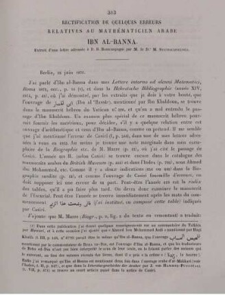 Rectification de quelques erreurs relatives au mathématicien arabe Ibn Al-Banna. Extrait d'une lettre [...]