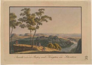 Basteiaussicht bei Rathen in der Sächsischen Schweiz nach Süden mit Blick in das Elbtal und auf Lilienstein und Königstein und andere Tafelberge