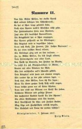 Handzettel mit patriotischem Gedicht von Fritz Klein anlässlich des Kriegseintrittes der USA