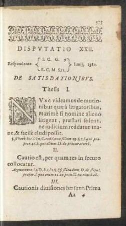 Disputatio XXII. ... De Satisdationibus.
