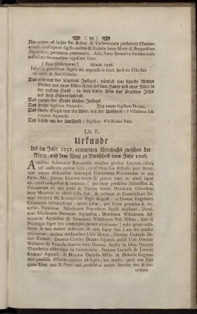 Urkunde des im Jahr 1252 erneuerten Vergleichs zwischen der Abten, und dem Vogt zu Burtscheid vom Jahr 1226