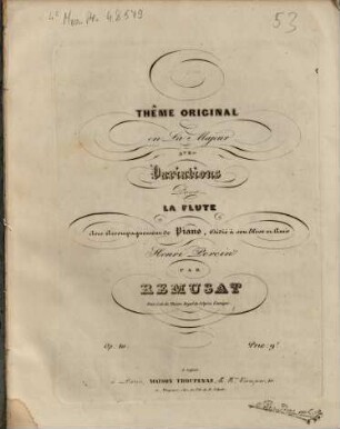 Thème original en la majeur avec variations : pour la flute avec accompagnement de piano ; op. 10