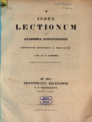 Index lectionum in Academia Rostochiensi ... publice privatimque habendarum, WS 1859/60