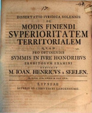 Dissertatio Ivridica Solennis De Modis Finiendi Svuperioritatem Territorialem