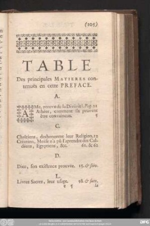 Table Des principales Matieres contenuës en cette Preface.