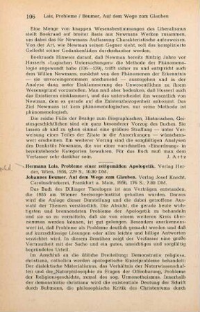 106-107 [Rezension] Lais, Hermann, Probleme einer zeitgemässen Apologetik