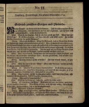 No. 11. Hamburg, Donnerstags, den zehnten September 1739.