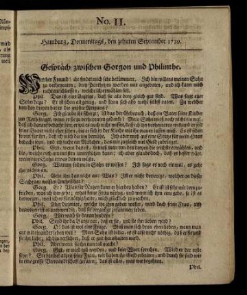 No. 11. Hamburg, Donnerstags, den zehnten September 1739.