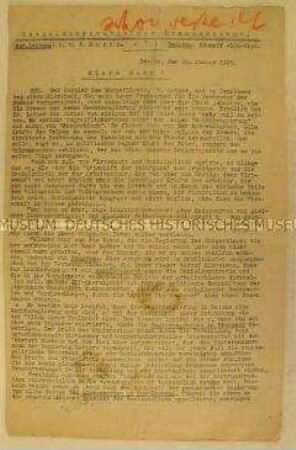 Maschinenschriftliches Rundschreiben des sozialdemokratischen Pressedienstes mit einem Beitrag über Reichskanzler Hans Luther