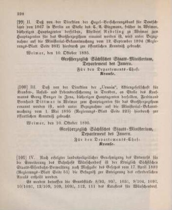 100. Ministerial-Bekanntmachung, betreffend Wechsel in der Hauptagentur der "Urania", Aktiengesellschaft für Kranken-, Unfall- und Lebensversicherung Dresden