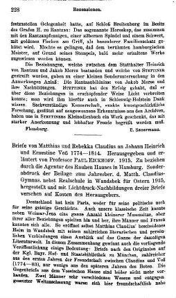 Claudius, Matthias :: Briefe von Matthias und Rebekka Claudius an Johann Heinrich und Ernestine Voß 1774 - 1814, hrsg. und erl. von Paul Eickhoff, (Beilage zum Jahresbericht des Matthias Claudius-Gymnasiums nebst Real-Schule in Wandsbeck für Ostern, 1915) : Hamburg, Agentur des Rauhen Hauses, 1915