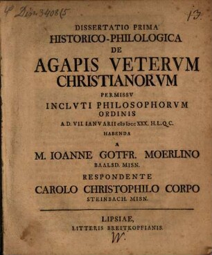 Diss. de agapis veterum Christianorum