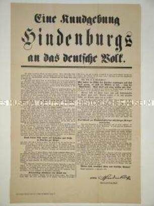 Maueranschlag mit Aufruf von Hindenburg an das deutsche Volk, die Kriegsanstrengungen zu erhöhen