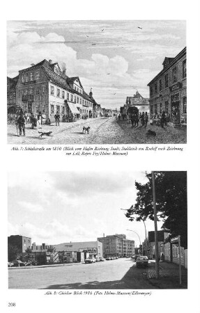 Abb. 7: Schloßstraße um 1850 (Blick vom Hafen Richtung Stadt, Stahlstich von Rudolf nach Zeichnung von Lill; Repro Fey/Helms-Museum) Abb. 8: Gleicher Blick 1986 (Foto Helms-Museum/Ellermeyer)
