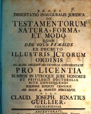 Diss. inaug. iur. de testamentorum natura, forma et modo