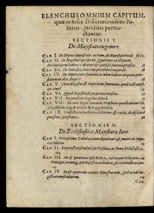 Elenchus Omnium Capitum, quae in hisce Dissertationibus Politico-Juridicis pertractantur.