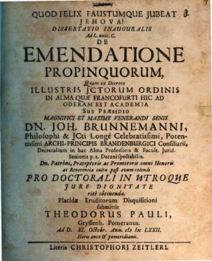 Dissertatio Inauguralis Ad L. unic. C. De Emendatione Propinquorum