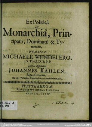Ex politica de monarchia, principatû, dominatû & Tyrannide