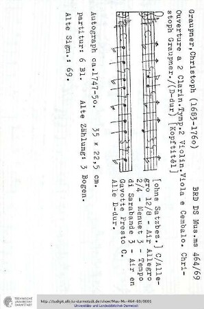 Ouverture a 2 Clarin. Tymp. 2 Violin. Viola e Cembalo. Christoph Graupner.