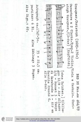 Ouverture a 2 Clarin. Tymp. 2 Violin. Viola e Cembalo. Christoph Graupner.